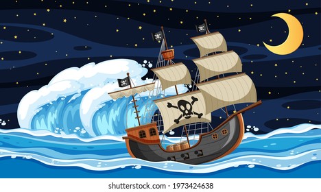 Ocean scene at night with Pirate ship in cartoon style illustration