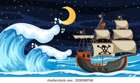 Ocean scene at night with Pirate ship in cartoon style illustration