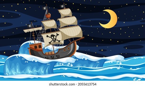 Ocean scene at night with Pirate ship in cartoon style illustration