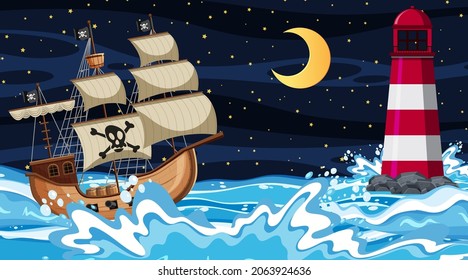 Ocean scene at night with Pirate ship in cartoon style illustration