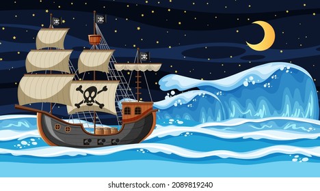 Ocean scene at night with Pirate ship in cartoon style illustration