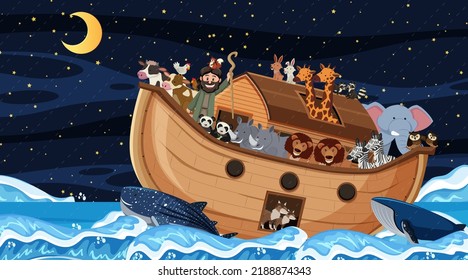 Ocean scene with Noah's ark with animals illustration