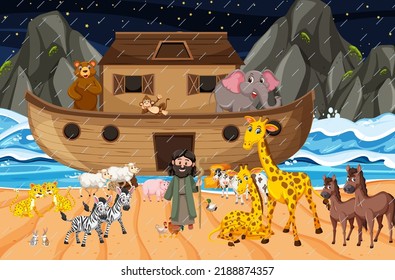 Ocean scene with Noah's ark with animals illustration