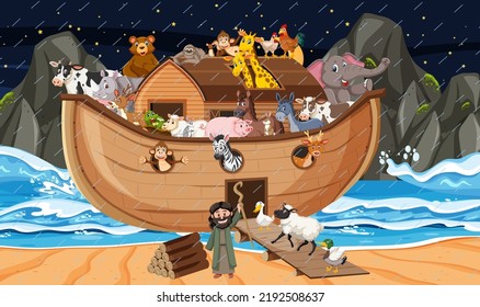 Ocean scene with Noah's ark with animals illustration