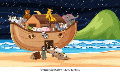 Ocean scene with Noah's ark with animals illustration