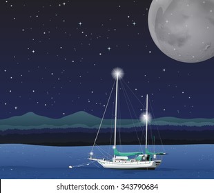 Ocean scene on full moon night illustration