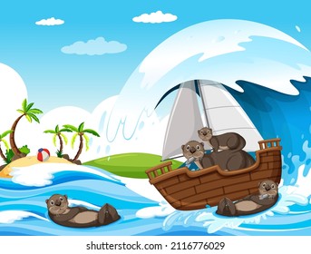 Ocean scene with otters on a sailboat illustration