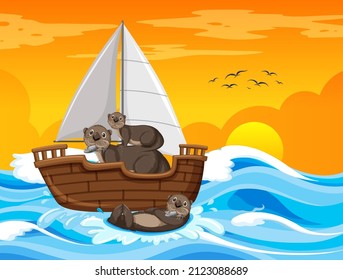 Ocean scene with otters on a sailboat illustration