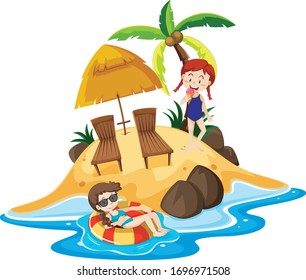 Ocean scene with people having fun on the beach illustration