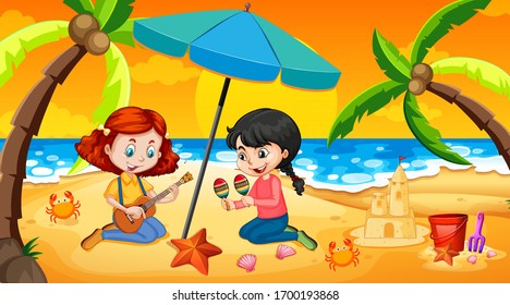 Escena oceánica con gente divirtiéndose en la ilustración de la playa