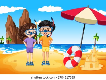 Ocean scene with people having fun on the beach illustration