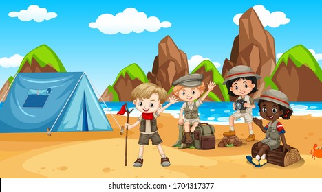 Ocean-Szene mit Leuten, die sich auf der Strandgrafik amüsieren