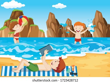 Ocean scene with people having fun on the beach illustration