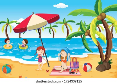 Escena oceánica con gente divirtiéndose en la ilustración de la playa