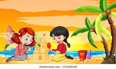 Escena oceánica con gente divirtiéndose en la ilustración de la playa