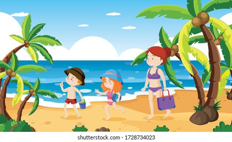 Escena oceánica con gente divirtiéndose en la ilustración de la playa