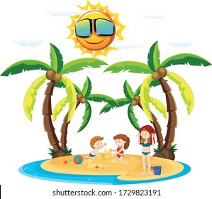 Ocean scene with people having fun on the beach illustration