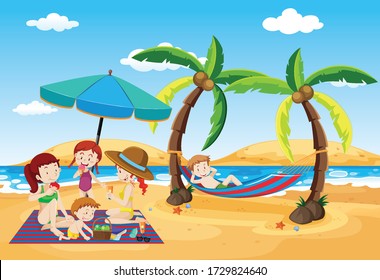 Escena oceánica con gente divirtiéndose en la ilustración de la playa