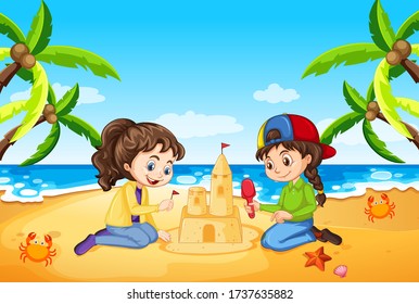Escena oceánica con gente divirtiéndose en la ilustración de la playa