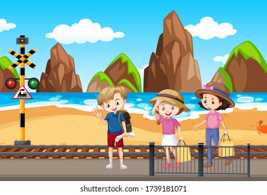 Ocean scene with people having fun on the beach illustration