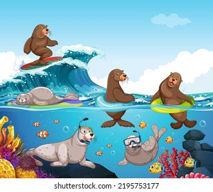 Ocean scene with sea lion and seal cartoon character illustration