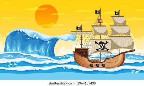 Ocean scene at sunset time with Pirate ship in cartoon style illustration