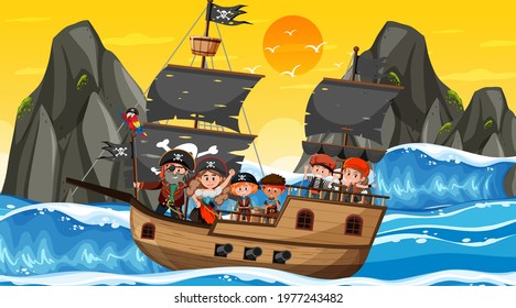 Ocean scene at sunset time with Pirate kids on the ship illustration