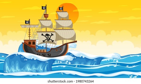 Szene im Sonnenuntergang mit Piratenschiff im Cartoon-Stil