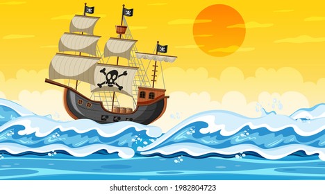 Szene im Sonnenuntergang mit Piratenschiff im Cartoon-Stil