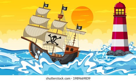 Ocean scene at sunset time with Pirate ship in cartoon style illustration