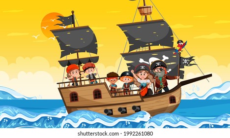 Ocean scene at sunset time with Pirate kids on the ship illustration