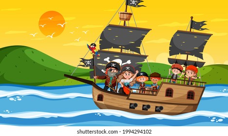 Ocean scene at sunset time with Pirate kids on the ship illustration