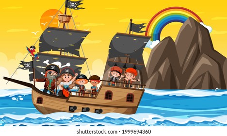 Ocean scene at sunset time with Pirate kids on the ship illustration