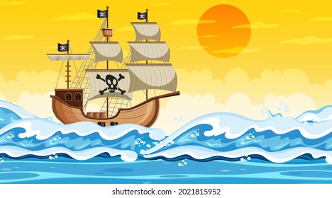 Ocean scene at sunset time with Pirate ship in cartoon style illustration