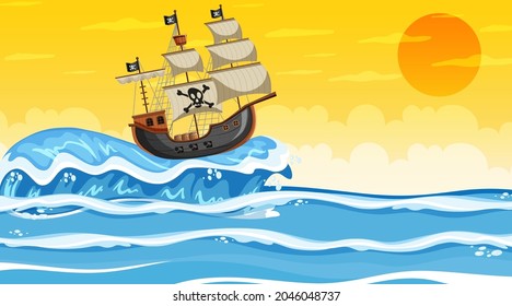 Szene im Sonnenuntergang mit Piratenschiff im Cartoon-Stil
