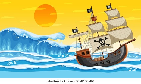 Ocean scene at sunset time with Pirate ship in cartoon style illustration