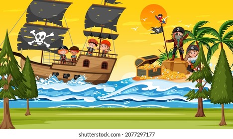 Ocean scene at sunset time with Pirate kids on the ship illustration