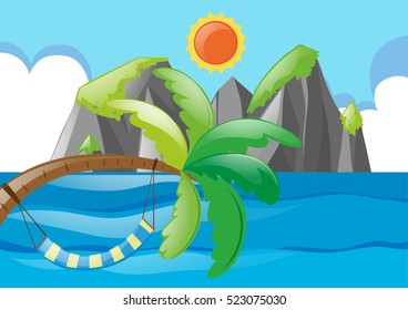Ocean scene with tree and sun illustration