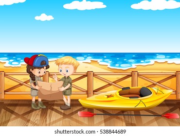 Ocean scene with two kids reading map illustration