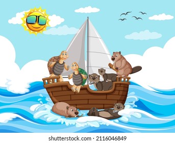 Ocean scene with wild animals on a sailboat illustration