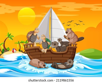 Ocean scene with wild animals on a sailboat illustration