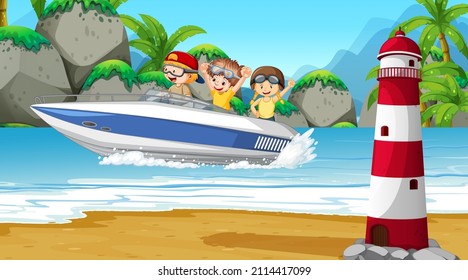 Ocean scenery with a boy driving motorboat  illustration