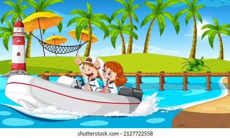 Ocean scenery with children driving speedboat illustration