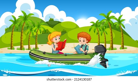 Ocean scenery with children on inflatable motor boat  illustration