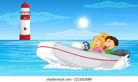 Ocean scenery with children on motorboat  illustration