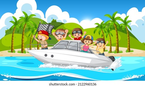 Ocean scenery with children on speedboat illustration