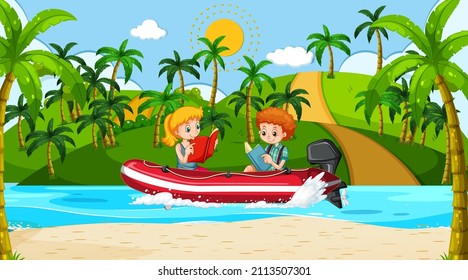 Ocean scenery with children reading book on inflatable boat illustration