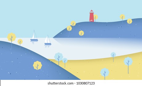 Ocean scenery landscape, lighthouse on the hill and sail boats in ocean surrounded by mountains
