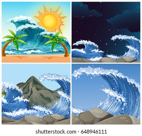 Escenas oceánicas con grandes olas ilustraciones diurnas y nocturnas