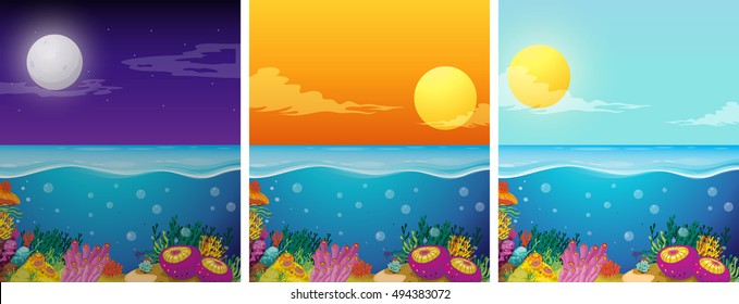 Cenas oceânicas com ilustrações de diferentes épocas do dia